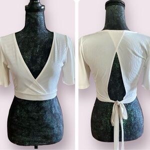 Aster White Ribbed Flowy Sleeve Tie Back Criss Cross Front Crop Top